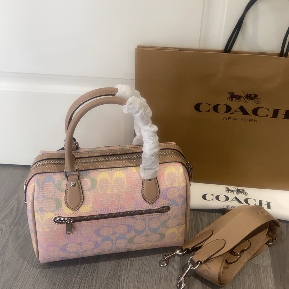 Coach Rowan Satchel Bag Crossbody In Rainbow Sig Canvas/Sv/Sand Multi CDA90 NWT